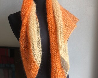 Orange and vanilla mohair and silk shawl / scarf, gold thread, pure wool