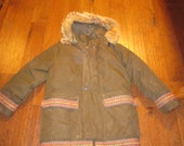 Vtg Herters by Hudson Bay virgin Goose Down Eskimo Snorkel coat Menss SM green parka zip off coyote hood hippie boho 70s parka