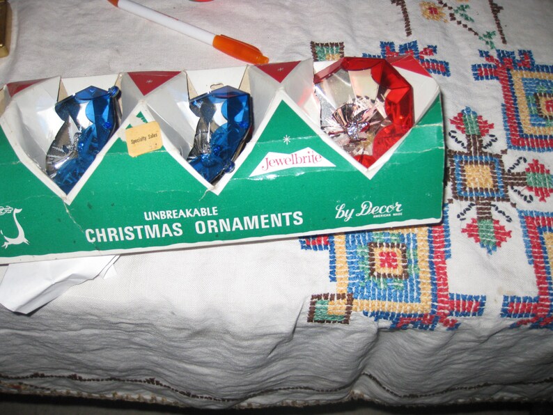 Set of 3 Atomic Jewel-Brite Ornaments mid Century Unbreakable Angel Center two blue one red free ship