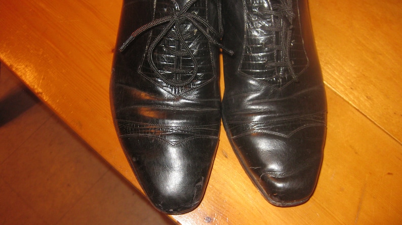 Vtg 60s Imperial Florsheim pointed toe Croc trim black dress shoes leather soles 8 D awesome Ratpack shoes