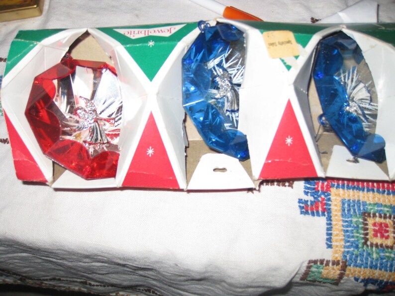 Set of 3 Atomic Jewel-Brite Ornaments mid Century Unbreakable Angel Center two blue one red free ship