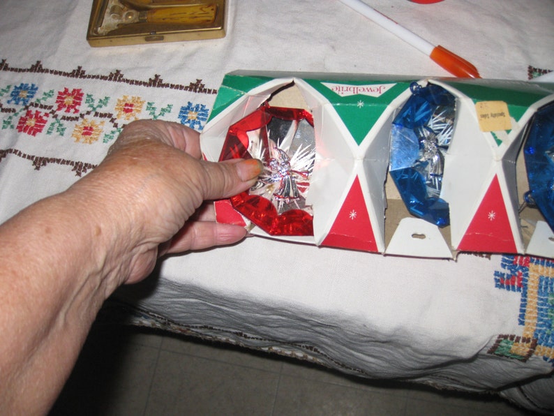 Set of 3 Atomic Jewel-Brite Ornaments mid Century Unbreakable Angel Center two blue one red free ship