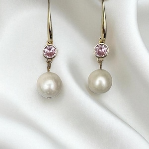 Natural Freshwater Pearl Earrings, Gold Plated Sterling Silver with Pink Gemstone, Pearl Drop Earrings, Bridal Earrings, Gift for Her
