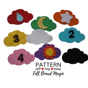 Hide and Seek Clouds Colors and Numbers Game Felt Board Pattern PDF SVG Cutting Files, Flannel Board, Counting Up to 10, Star
