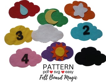 Hide and Seek Clouds Colors and Numbers Game Felt Board Pattern PDF SVG Cutting Files, Flannel Board, Counting Up to 10, Star