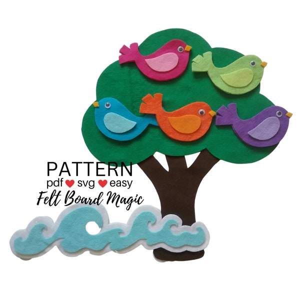 Five Little Birds Felt Board Set Pattern PDF SVG Cutting Files, Flannel Board, Counting Up to 5, Colours, Colors Recognition