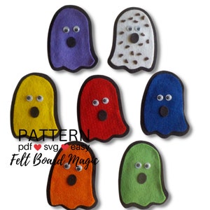 May include: Seven felt ghost shapes in various colors, including purple, white, yellow, red, blue, orange, and green. Each ghost has googly eyes, a black mouth, and a black outline.