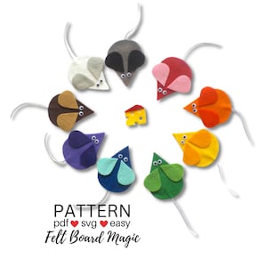 May include: Felt board pattern for making a set of nine colourful mice with a piece of cheese. The pattern includes a PDF and SVG file and is easy to make. The text "PATTERN pdf ♥ svg ♥ easy Felt Board Magic" is at the bottom of the image.