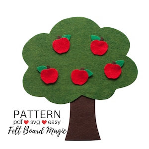 May include: Felt board apple tree with five red felt apples and green felt leaves. The tree trunk is brown. The text "PATTERN pdf ♥ svg ♥ easy Felt Board Magic" is at the bottom of the image.