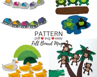 May include: Felt board patterns for a variety of themes, including elephants, frogs, ducks, monkeys, and a crocodile. The patterns are easy to cut out and assemble. The text on the image reads "PATTERN pdf ♥ svg ♥ easy Felt Board Magic".