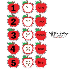 May include: A set of red apple-shaped felt board pieces with numbers 1-5 and corresponding word labels. Each apple has a green leaf and a white border. The text "Felt Board Magic PDF Template" is also visible.
