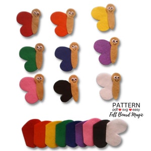 May include: Felt board butterfly pattern set with 10 butterflies in different colors: red, orange, yellow, green, blue, purple, pink, black, white, and brown. The pattern includes a set of 7 color swatches for the felt board.