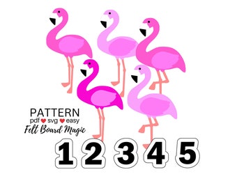 Cinco flamencos rosados fieltro tablero conjunto patrón PDF SVG archivos de corte, aprendizaje sobre colores, pájaros, animales salvajes tablero de franela