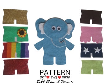 May include: A blue felt elephant with white ears and eyes. The elephant is surrounded by felt shorts in various colors and patterns, including green, rainbow, gold, red, pink, navy blue with white stars, and light green.