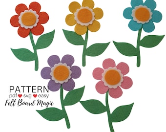 Five Little Flowers Felt Board Set PDF SVG Pattern -  Easy Step by Step  No Sew  Preschool Song Quiet Book Counting 5 Gardens Earth Colors