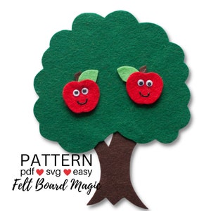 May include: Felt board craft pattern for a green tree with two red apples with googly eyes. The pattern is for a felt board activity and includes the text "PATTERN pdf svg easy Felt Board Magic".