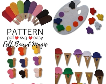 May include: Felt board craft patterns for a paint palette, ice cream cones, and butterflies. The patterns are labeled "PATTERN pdf svg easy Felt Board Magic".