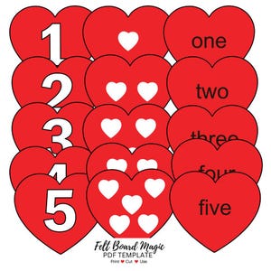 May include: A collection of red heart shapes with white numbers and words. The numbers one through five are displayed, along with the words "one," "two," "three," "four," and "five." Some hearts have white heart shapes inside. The text "Felt Board Magic" is also present.