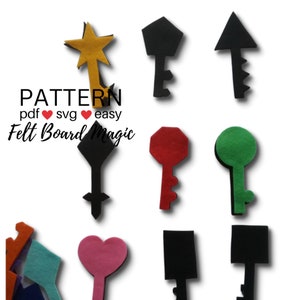 May include: A set of felt key shapes in various colors, including red, green, black, yellow, and pink. The shapes include a star, a house, an arrow, a diamond, a circle, a heart, and a rectangle. The text "PATTERN pdf svg easy Felt Board Magic" is visible in the image.