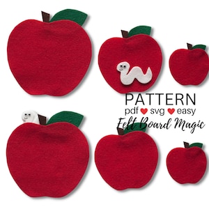 May include: Felt board pattern for a red apple with a white worm inside. The pattern includes four different sizes of apples. The text on the image reads "PATTERN pdf ♥ svg ♥ easy Felt Board Magic".