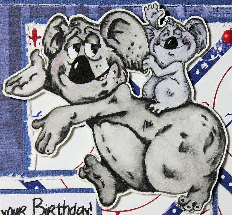 Happy Belated Birthday Masculine Manly Koala Unique Man Boy Australia Aussie Handmade Unusual One of a Kind Greeting Card