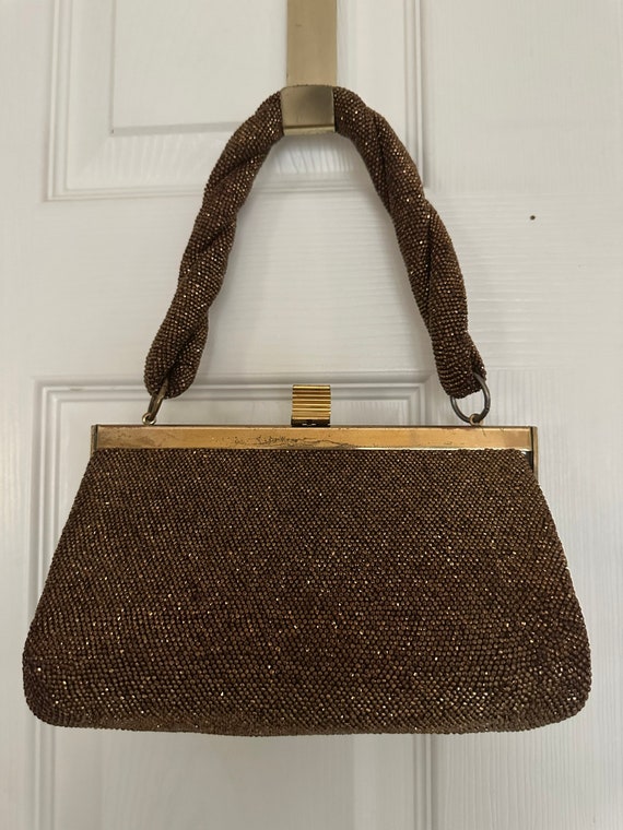 Vintage 40s Fre-Mor bronze beaded handbag clutch p