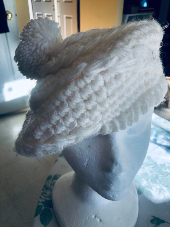 Vintage Ivory Pom Pom Chunky Knit Beret Hat - image 1