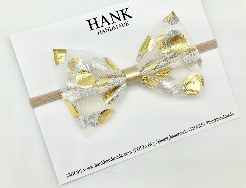 Metallic Gold Hair Bow or Headband Bow for Baby Toddler Girls Medium Hair Bows Newborn Headband Bows Polka Dot Hair Bow