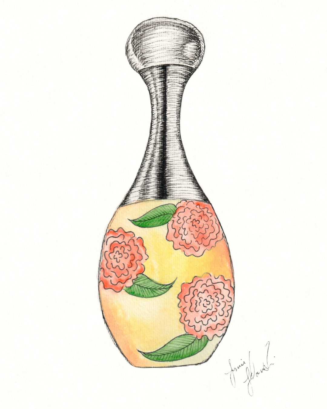 J'adore Dior Perfume Drawing Print Pen and Ink With Watercolor