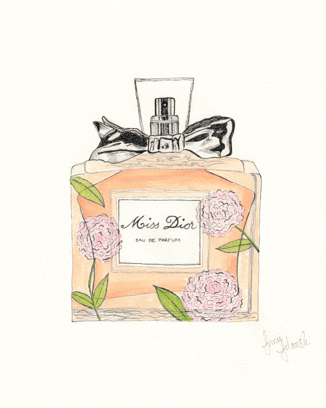 Signed Original Watercolour Print Miss Dior Perfume Bottle 