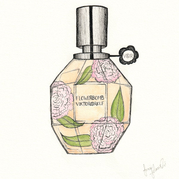 Viktor and Rolf Flowerbomb Perfume Drawing Print Pen and Ink with Watercolor Fashion Illustration Print