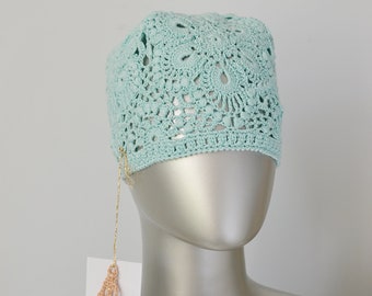 Mint blue cotton cap Women's flower hat, Ready to ship, Lace hats crochet, Summer beanie 22.4 in - 57 cm - M