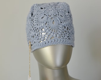 Sky blue Women's flower hat, Ready to ship, Lace hats crochet, Summer beanie 22.8 in - 58 cm