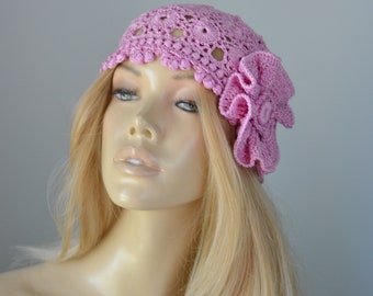 Crochet Juliet Cap: Pink Cotton Summer Lace Beanie - Etsy display picture 3