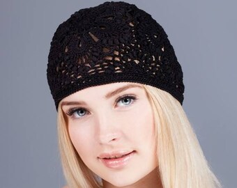 Black Crochet Summer Hat: Handmade Boho Flower Beanie