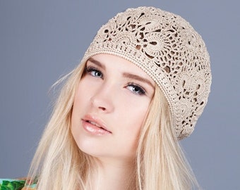 Womens crochet hat French beret Summer crochet hat Womens hats summer Summer hat flower Lace summer hat Crochet lace hat Boho summer hat