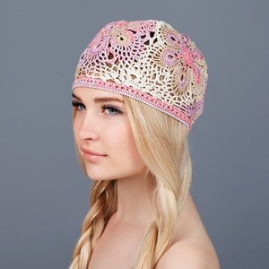 Summer women's hat crocheted, floral motif, cotton in pink and beige colors. For women and girls. image 2