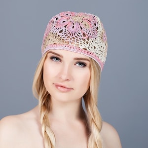 Summer women's hat crocheted, floral motif, cotton in pink and beige colors. For women and girls. image 1