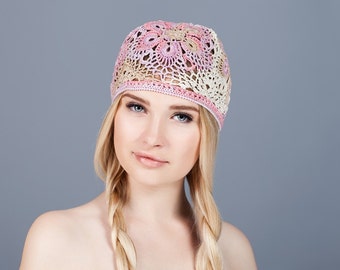 Summer women's hat crocheted, floral motif, cotton in pink and beige colors. For women and girls.