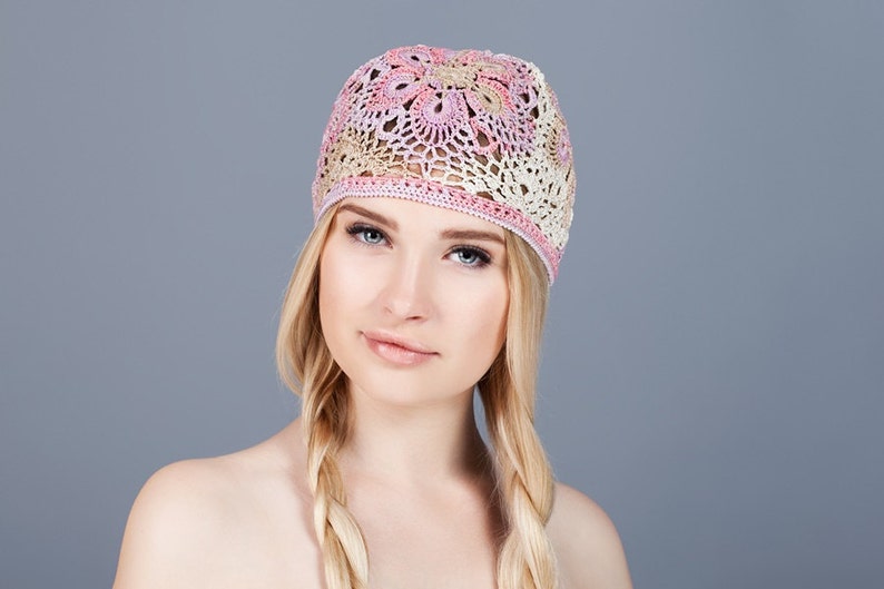 Summer women's hat crocheted, floral motif, cotton in pink and beige colors. For women and girls. image 1