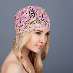 Summer women's hat crocheted, floral motif, cotton in pink and beige colors. For women and girls. image 3