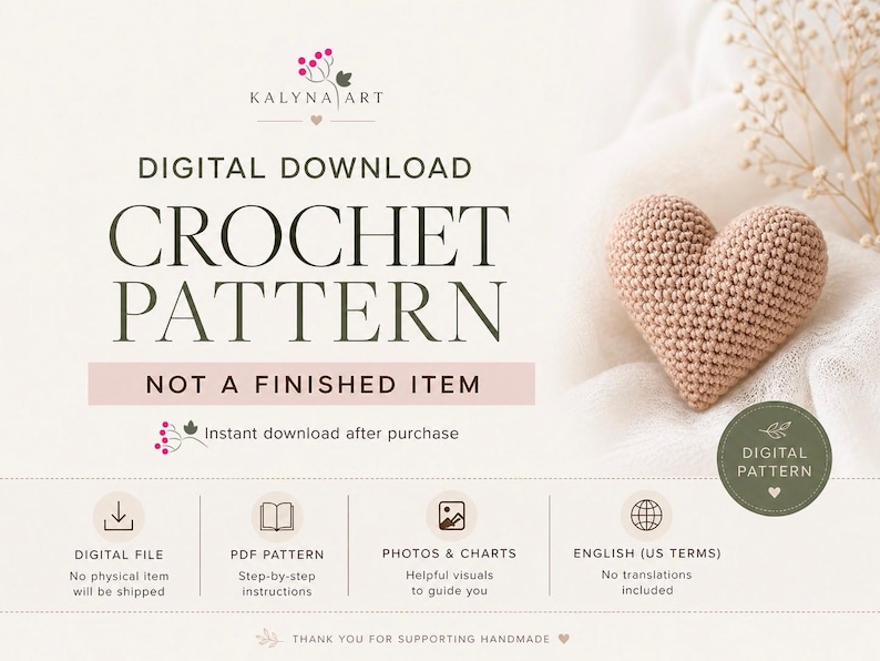 May include: A digital crochet pattern advertisement featuring a crocheted heart. The text reads "CROCHET PATTERN" and "NOT A FINISHED ITEM." Additional text includes "DIGITAL DOWNLOAD" and "Instant download after purchase."