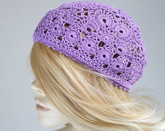 Summer Crochet Beret Hat Beanie Purple Lavender Lilac White  display picture 3