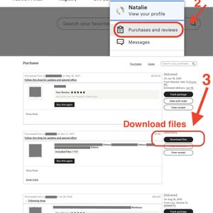 May include: Screenshot of an Etsy account page. The page shows a user's purchases and reviews, with a highlighted 'Download files' button. The interface includes navigation options and user profile access.
