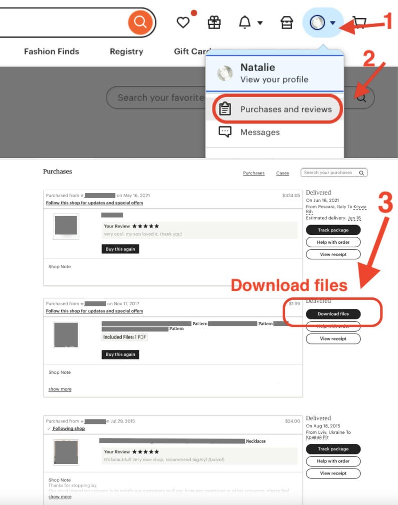 May include: Screenshot of an Etsy account page. The page shows a user's purchases and reviews, with a highlighted 'Download files' button. The interface includes navigation options and user profile access.