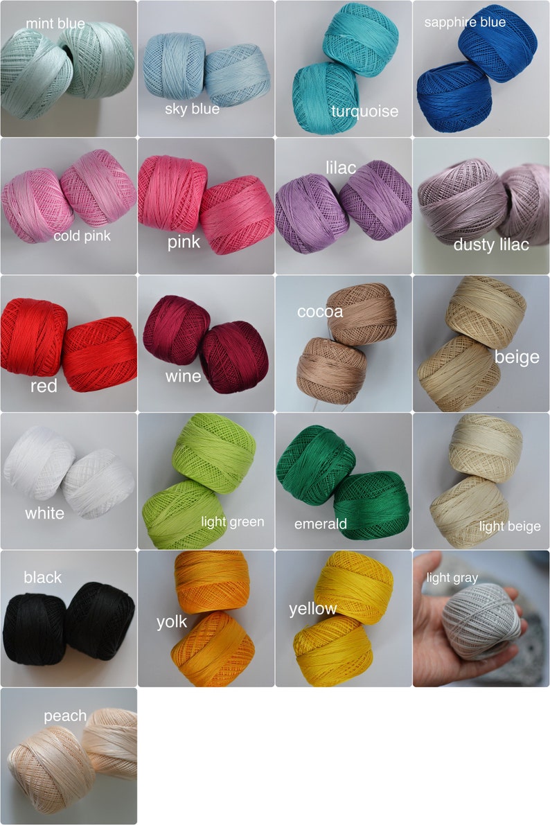 May include: A collection of yarn balls in various colours, including mint blue, sky blue, turquoise, cold pink, pink, wine, red, lilac, sapphire blue, dusty lilac, cocoa, beige, white, light green, emerald, black, peach, light beige, light grey, yellow, and yolk.