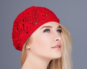 Handmade Crochet Cotton Beret: Red Summer Lace Cap