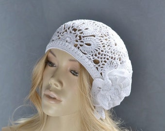 Lace beret with a flower,  Women's cotton beret, Crochet summer hat Summer beanie Lace hat Crochet flower hats, cotton Hats
