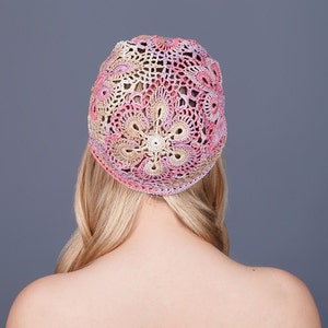 Summer women's hat crocheted, floral motif, cotton in pink and beige colors. For women and girls. image 4