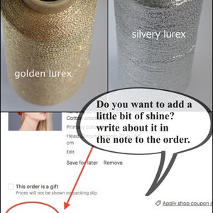 May include: Two spools of thread, one gold and one silver, with the text "golden lurex" and "silvery lurex" printed below each. The text "Do you want to add a little bit of shine? write about it in the note to the order." is in a speech bubble above the spools.